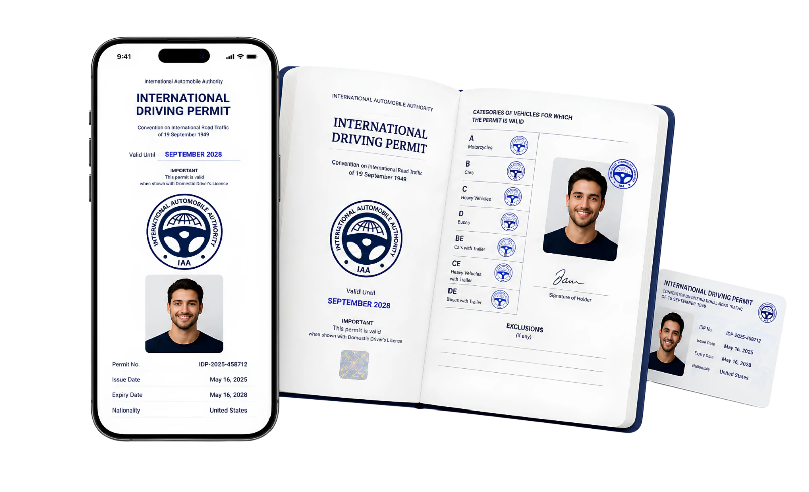 Printed International Driving Permit booklet, pocket card and digital IDP on a smartphone